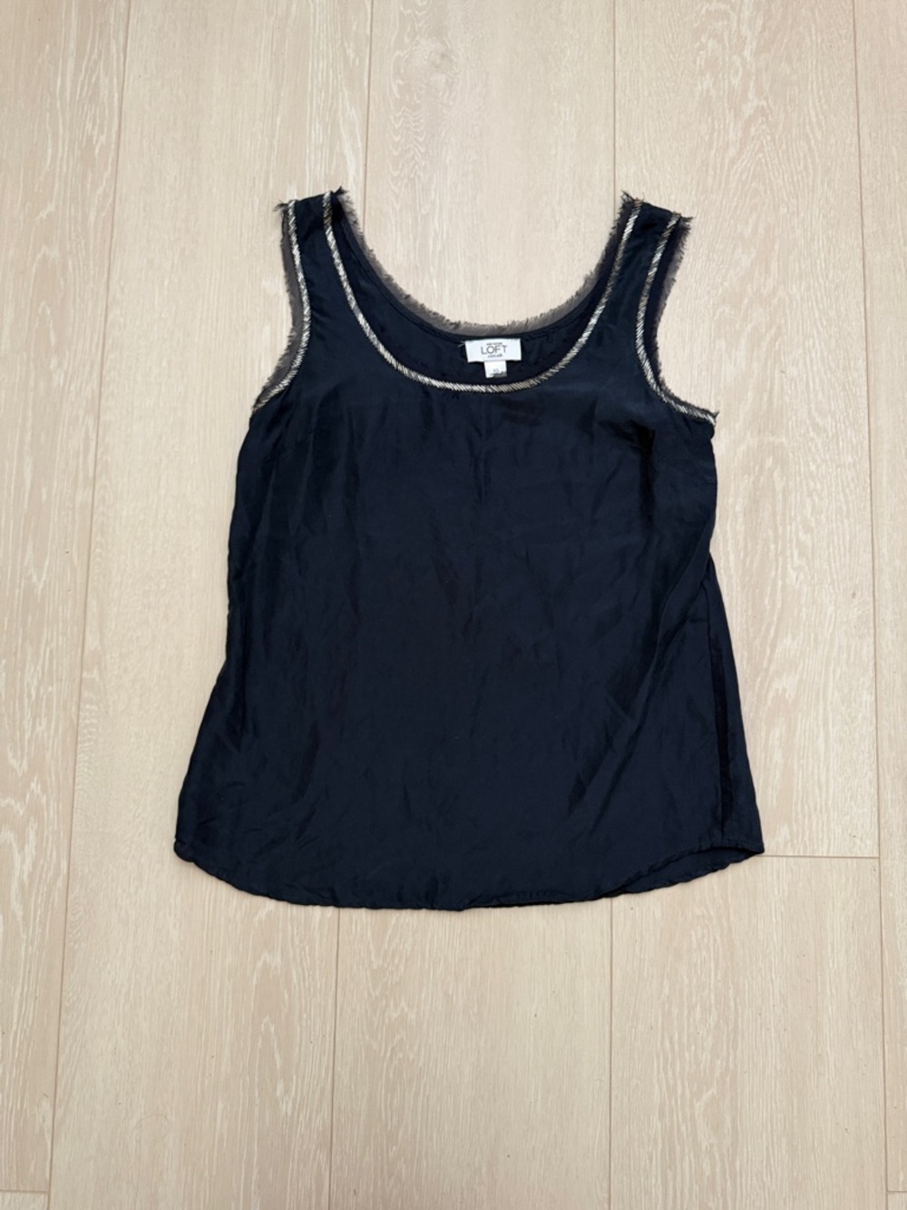 LOFT Dark Blue Silk Tank Top with Fringe and Rhinestone Details